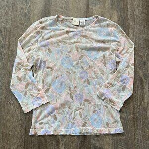 2000s Y2k Merona Mesh Pastel Floral Mesh Sheer 3/4 Sleeve Top Womens Size Medium